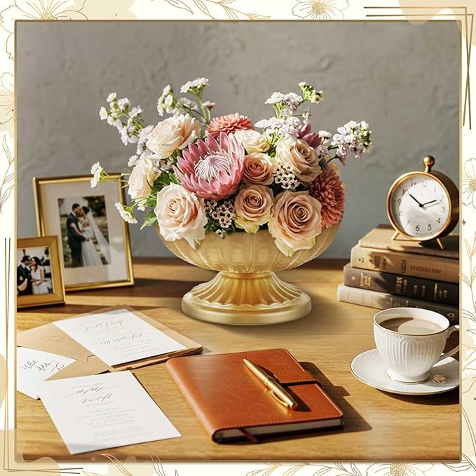 2 Pcs Metal Compote Bowl for Centerpiece Flower Holder Small Compote Vase Indoor Outdoor Flowers Fruits Plant for Christmas Wedding Home Party Decoration (Medium,Bright Gold)