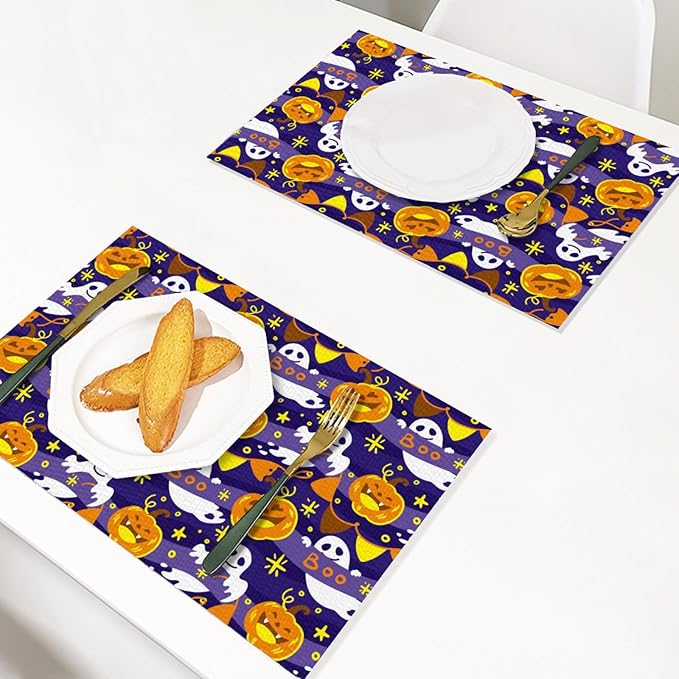 Placemats Set of 4 Halloween Waterproof Oilproof Table Mats Washable Wipeable Heat Resistant Easy to Clean for Indoor Outdoor Party Kitchen Dining Table Decoration 12 * 18in