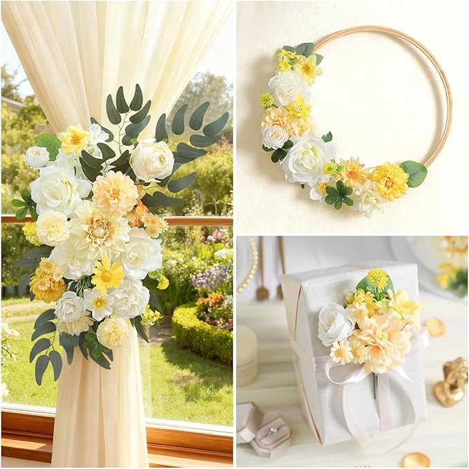 Artificial Flowers Combo Box Set White Yellow Roses Dahlia Fake Silk Flowers with Stems for DIY Wedding Bridal Bouquets,Floral Arrangement,Table Centerpieces,Baby Shower,Home Decorations