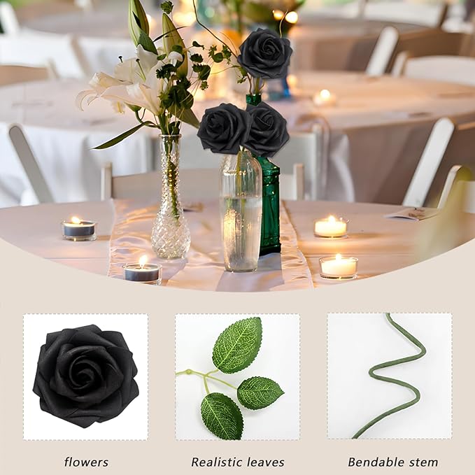200PCS Black Artificial Flowers Roses Real Looking Foam Fake Roses with Leaves for DIY Wedding Bouquets Bridal Shower Party Decorations (Black, 200)