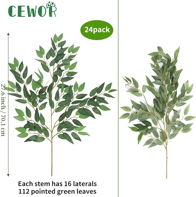 CEWOR 24pcs Italian Ruscus Greenery Stems, 27.6in Artificial Green Leaf Garland Vines Hanging Spray for Wedding Arch Bouquet Filler Table Centerpieces Home Decor