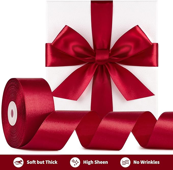 1-1/2 Inch Wide Wine Red Satin Ribbon, 50 Yards Solid Polyester Fabric Ribbon for Roses Making, Gift Wrapping, Christmas, Wedding Decorations, Crafts, Bows
