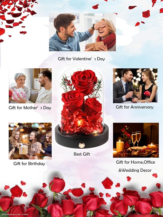 Forever Christmas Flowers for Delivery, Preserved Rose in Glass Dome with LED.Red Eternal Flowers Gifts for Women Wife Mom on Mothers Day, Valentines Day, Anniverysary, Birthday