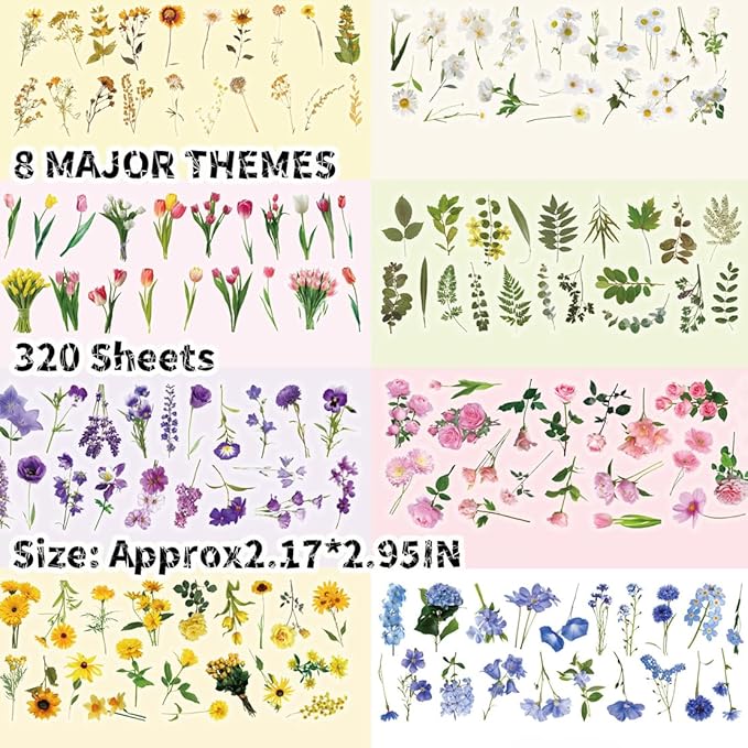 320 Pieces Pressed Flower Themed Stickers Set Floral Elements Transparent Natural Flower Stickers for Scrapbooking Junk Journal Planner Laptops