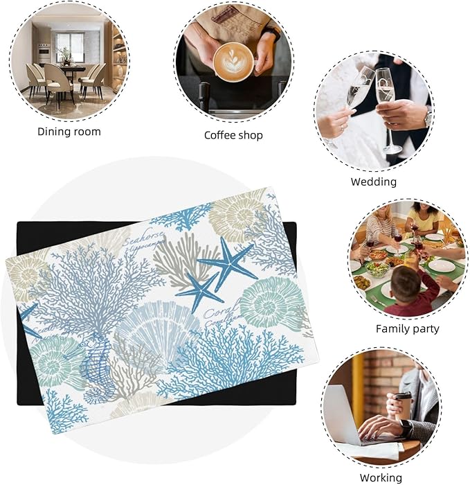 Starfish Placemats, Watercolour Summer Blue Underwater Coral Seashells Starfish Seahorse Sea Animals Print Washable Fabric Placemats Table Kitchen Dining Party 12x18 Inch Set of 4