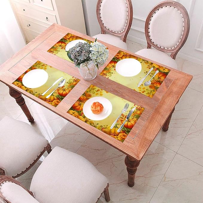 PVC Placemats Set of 4 Wipeable Table Mats Washable Heat Resistant Non Slip Vinyl Dining Table Mat for Kitchen Indoor Outdoor Patio Farmhouse Place Mats Thanksgiving Pumpkin Leaf Decorative