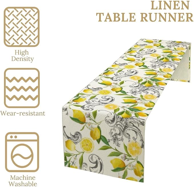 Lemon Table Runner , Summer Yellow Fruits Green Leaves Kitchen Dinning Table Decoration for Indoor Outdoor Home Party Decor 13"x60"