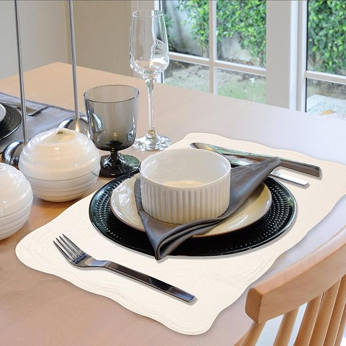 Quilted Placemats Set of 4 18"X13" Cotton Placemats Washable Cloth Table Mats for Kitchen Table (Cream White)