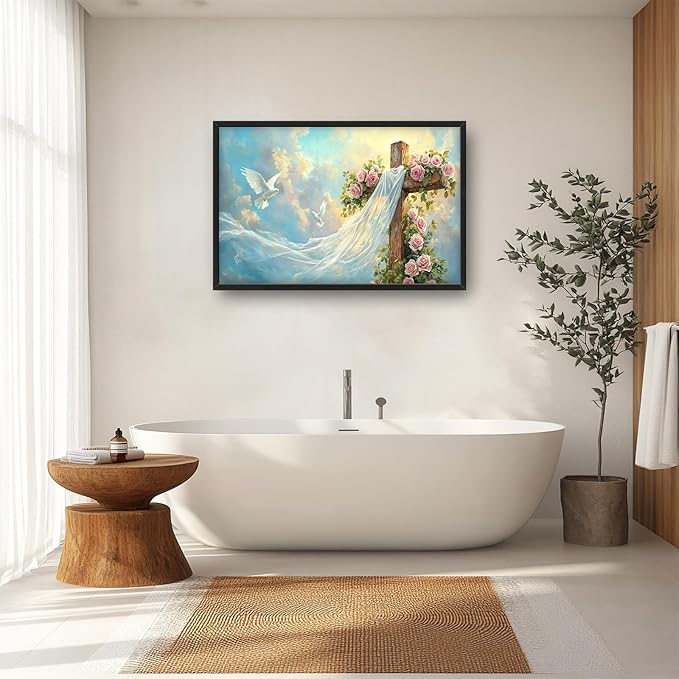 Christian Cross Large Wall Art Religious Faith Hope Pictures Wall Decor Dove Flowers Heaven Canvas Painting Prints Framed Artwork Home Church Decorations for Prayer Bedroom Living Room 36"x24"