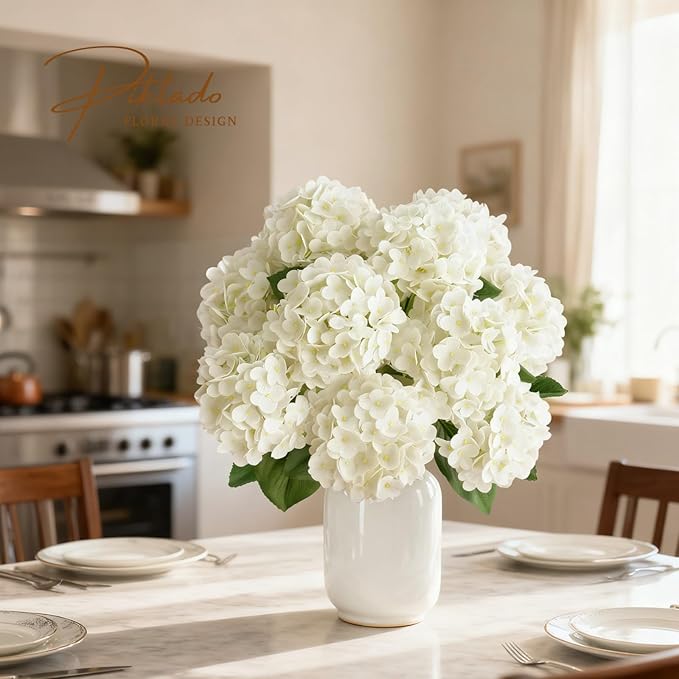 2 Bunchs 21in.White Real Touch Hydrangea Artificial Flowers,with 10pcs Flower Heads 20pcs Green Leaves. Faux Hydrangea Flowers. for Home Office Decor Wedding Party Arrangements (2, White)