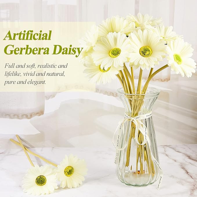 WILLBOND 18 Pieces Artificial Gerbera Daisies Flowers Fake Daisy Faux Boho Daisy Flowers Bouquet 15 in for Boho Birthday Decorations Wedding Home Decor (White)