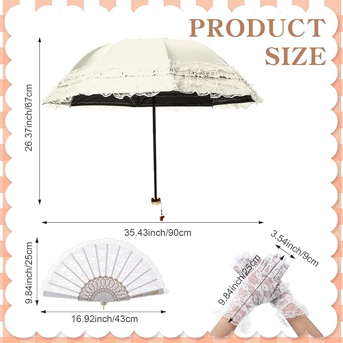 Princess Lace Parasol Folding Gothic Lolita Umbrella Lace Parasol Gloves Fan Set Flower Printed Lining for Cute UV Sun Protection Umbrella for Christmas Wedding Cosplay Photoshoot Decoration