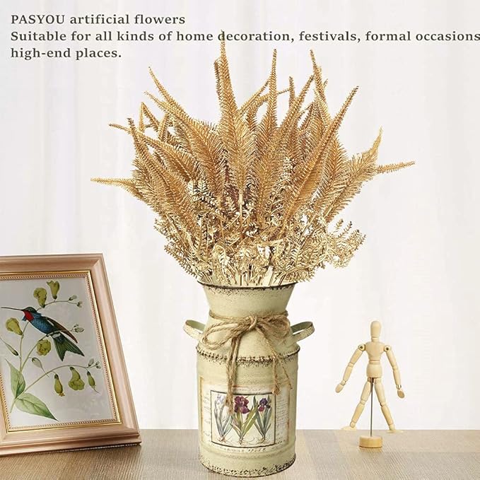 PASYOU Artificial Plants for Christmas Decor, Plastic Grass Fake Shrubs Simulation Tail Leaves Indoor Outdoor Home Garden Planter Filler Party Hotel Verandah Wedding Faux DIY Decoration - Gold 4 Pack
