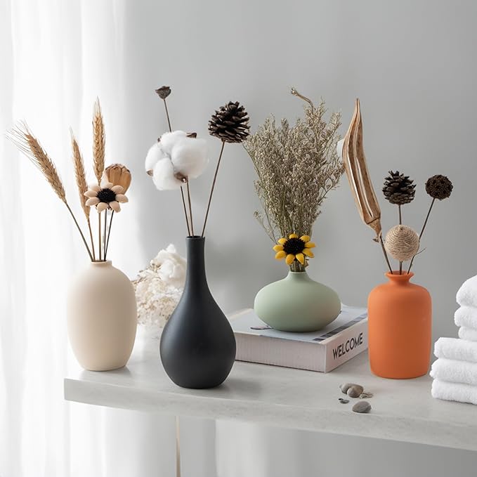Ceramic Vase Set of 4 for Modern Home Decor Minimalist Bohemian,Round Matte Vases for Dried Flowers&Pampas Grass Ceramic Decoration for Office,Shelf,Living Room,Bedroom,Entryway Decor