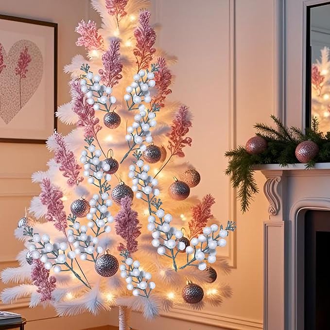 24Pack Christmas Picks Glitter Berries Stems Artificial White Berry Branches Holly Picks Stems Christmas Tree Ornaments for DIY Xmas Wreath Crafts Gifts Holiday Home Decor (White)