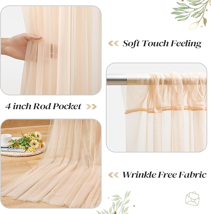 10ft x 10ft Champagne Backdrop Curtain with Lights String for Parties, Sheer Wedding Photo Backdrops Drapes for Baby Shower Birthday Party Decorations Background for Photography