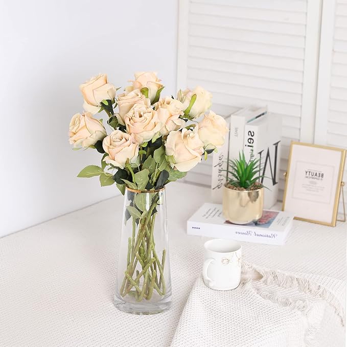 Nubry Artificial Silk Rose Flower Single Stem Lifelike Vintage Fake Rose for Wedding Bouquet Floral Arrangements Home Party Centerpiece Decoration, 10pcs (Vintage Champagne)