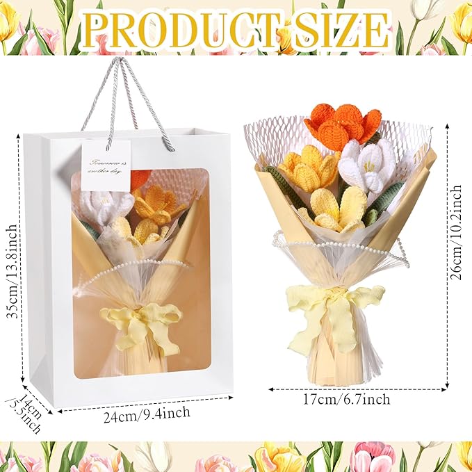 Crochet Flowers Bouquet Gift Christmas Crochet Flower Tulips Completed Handmade Knitted Bouquet with Card for Women Girlfriend Lover Appreciation Gift Birthday Wedding Teacher Decor(Orange)