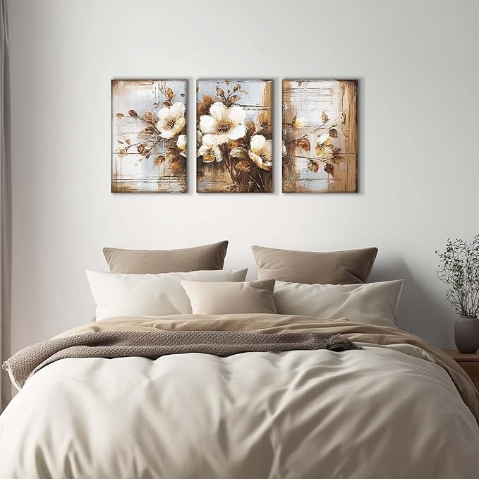 YCJKJDZ Dark Floral Wrapped Canvas Wall Art Set of 3, Neutral Fall Plant Bohemian Vintage Moody Flower Wall Decor Artwork for Farmhouse Bedroom Living Room Office, 16x24 inches