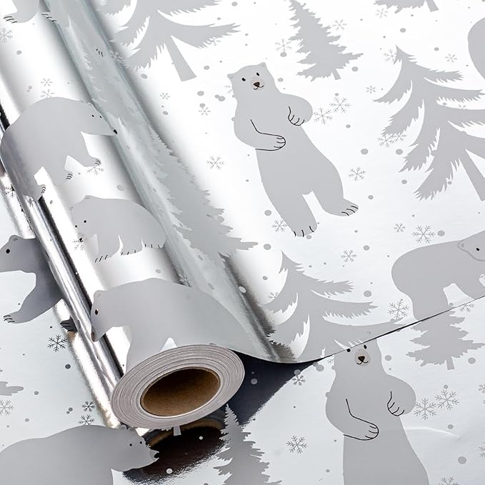 MAYPLUSS Foil Gift Wrapping paper Roll - 17 Inch X 33 Feet - Elegant Silver Christmas Seasonal Festive Gift Wrap Bear w/Glossy Foil-Like Shine Pattern for Christmas, Holiday, Birthday and Art Crafts