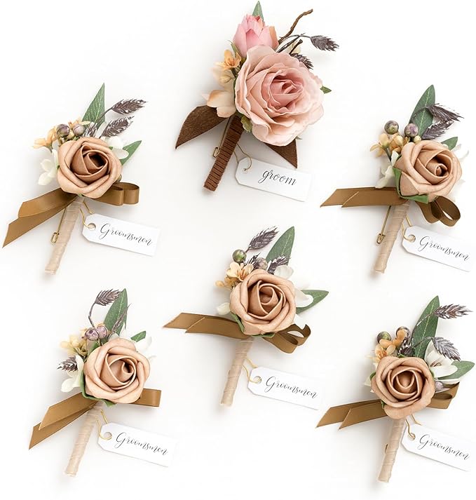Ling's moment Boutonniere for Men, 6pcs Groom Groomsmen Boutonniere, Artificial Flowers for Wedding Decor/Prom/Homecoming, etc.Shabby Pink Dusty Rose