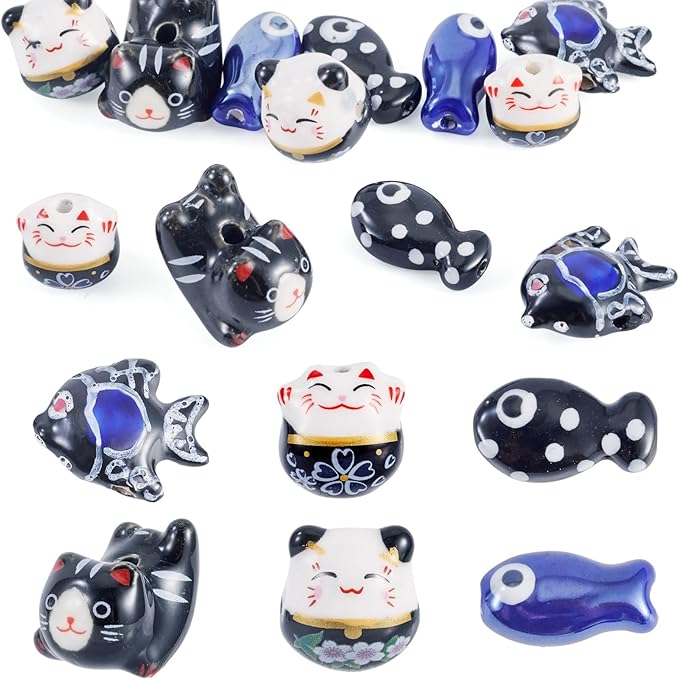 Beadthoven 12pcs Lucky Animal Ceramic Beads 3D Black Blue Handmade Porcelain Craft Beads Cute Fish Cat Shaped Floral Printed Animal Spacers for DIY Crafts Bracelet Earring Necklace Jewelry Making