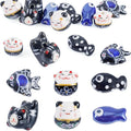 Beadthoven 12pcs Lucky Animal Ceramic Beads 3D Black Blue Handmade Porcelain Craft Beads Cute Fish Cat Shaped Floral Printed Animal Spacers for DIY Crafts Bracelet Earring Necklace Jewelry Making