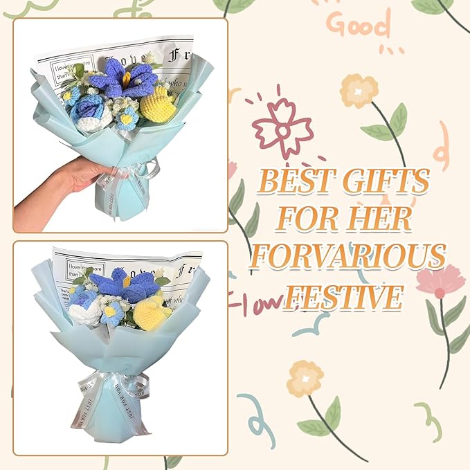 Crochet Flower Bouquet Blue Knitted Flowers Tulips and Blue Roses Daisies Handmade Crochet Flowers Knitted Bouquet Home Decor, Anniversary, Birthday Gift，Mother's Day Graduation Gifts(blue)