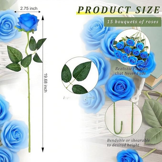 Blue Roses Artificial Flowers 15 PCS, Fake Roses Silk Flowers with Long Stems, Faux Rose for Wedding Centerpieces, Home Decor, Indoor Floral Arrangements, Party Decor, DIY Bouquet (Sky Blue)