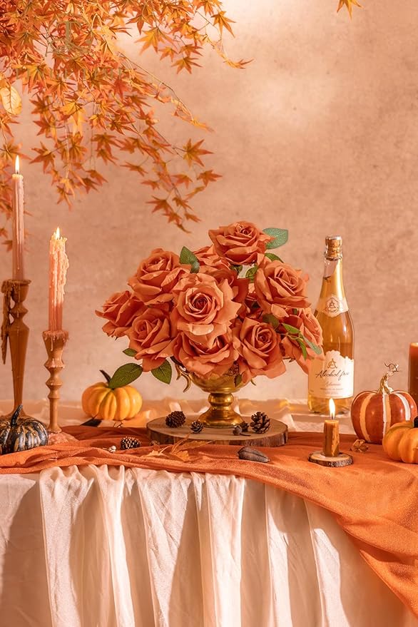 TINGE TIME Artificial Flowers Combo Box Set 16PCS Fake Rose Silk Flower with Stem for DIY Wedding Bouquets Centerpieces Baby Shower Party Home Fall Decoration (Orange)