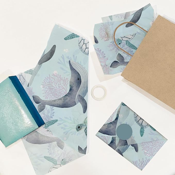 Pro Supply Global Sea Creatures Turtles and Whales Printed Tissue Paper for Gift Bags or Boxes and Wrapping - Ocean Bulk Decorative Art Tissue Paper for Packaging and Gifting | 24 Sheets 20" x 30"