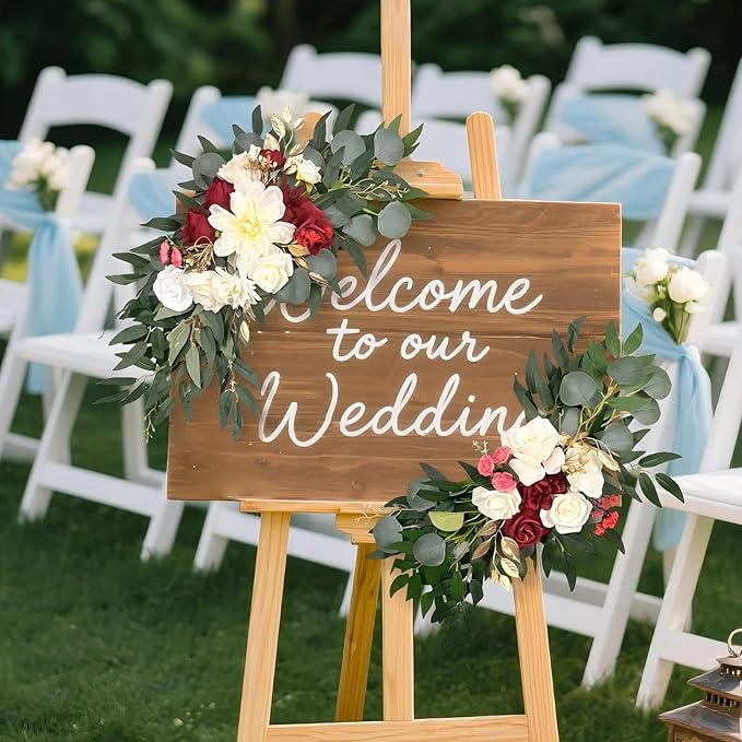 Artificial Wedding Arch Flowers (Pack of 2) White Wedding Flowers for Wedding Welcome Ceremony Sign Faux Floral Swags, Banquet and Reception Backdrop Floral Decoration (White & Red)