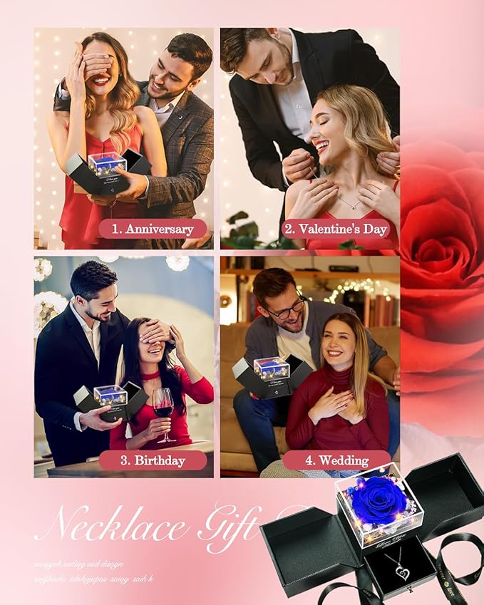 Birthday Gifts for Women, Preserved Real Roses with Heart Necklace I Love You in 100 Languages, Romantic Anniversary Wedding Gifts for Women Her Girlfriend Wife, Forever Roses Necklace Gift Box Blue