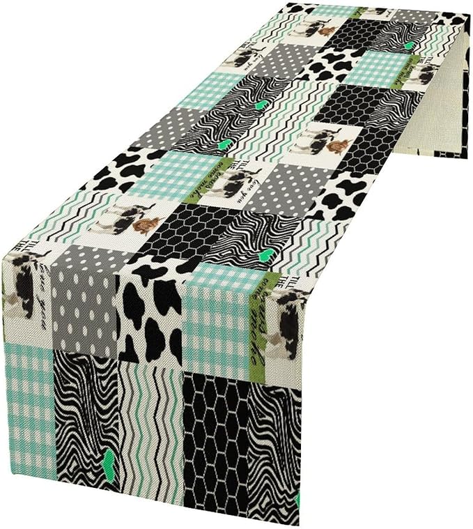 Cute Cow Print Table Runner,Farm Animals Honeycomb Plaid Stripes Cowhide Pattern Tablecloth Burlap for Hotel Indoors Outdoor Dining Room Kitchen Table Decor, 13x70in