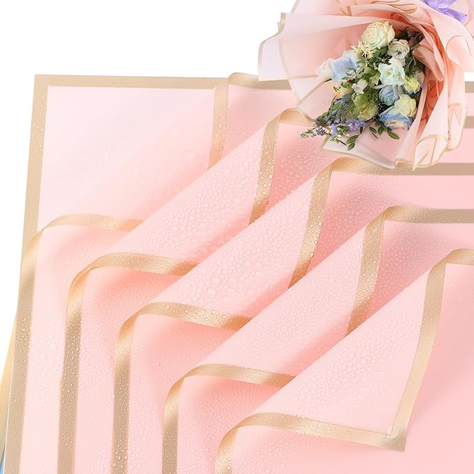 YIDATIKER 20 sheet Flower Wrapping Paper,waterproof floral wrapping paper for bouquets,DIY Florist Supplies Packaging Paper with satin ribbon for Wedding,Brithday,Valentine's Day(Pastel Pink