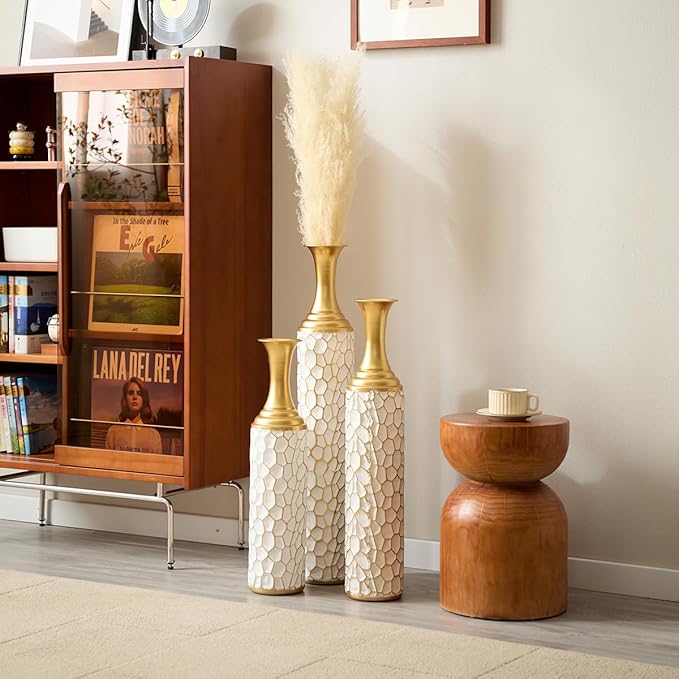 Floor Oversized Gold Metal Decorative Vase with 3D Triangle Pattern Set of 3 Large Vases for Home Living Room 33.5 ", 29.5 ", 25.2" High (Antique Gold+White)