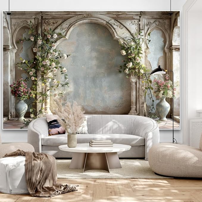 7x5ft Retro White Wildflower Backdrop Vintage Old Palace Building Concrete Wall Photography Background for Wedding Valentines Day Mother-to-be Bridal Shower Birthday Princess Portrait