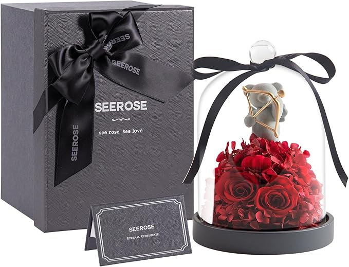 SEEROSE Preserved Rose with Cupid Bear in Glass Dome, Eternal Real Rose Romantic Gift for Her, Women, Mom, Wife, Girlfriend, Valentine’s Day, Mother’s Day, Christmas, Birthday (Cupid Bear, Red)