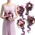 Ling's moment Purple Bridesmaid Bouquet Set of 4, Deep Plum Wedding Bouquets for Bridesmaids, 7 Inch Bridal Bouquets for Bridesmaids, Wedding, Ceremony, Anniversary, etc.