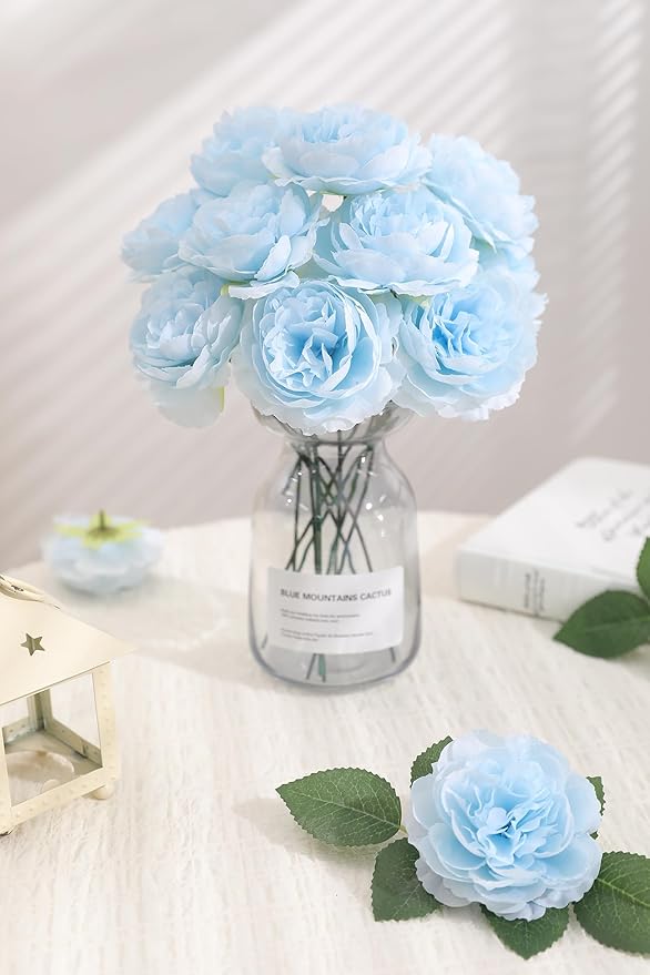 12 PCS Artificial Silk Blue Peony Flowers with Stems - 8 Inch Fake Peony Bouquet for Wedding, Home Decor, Office Table, Festival Gifts