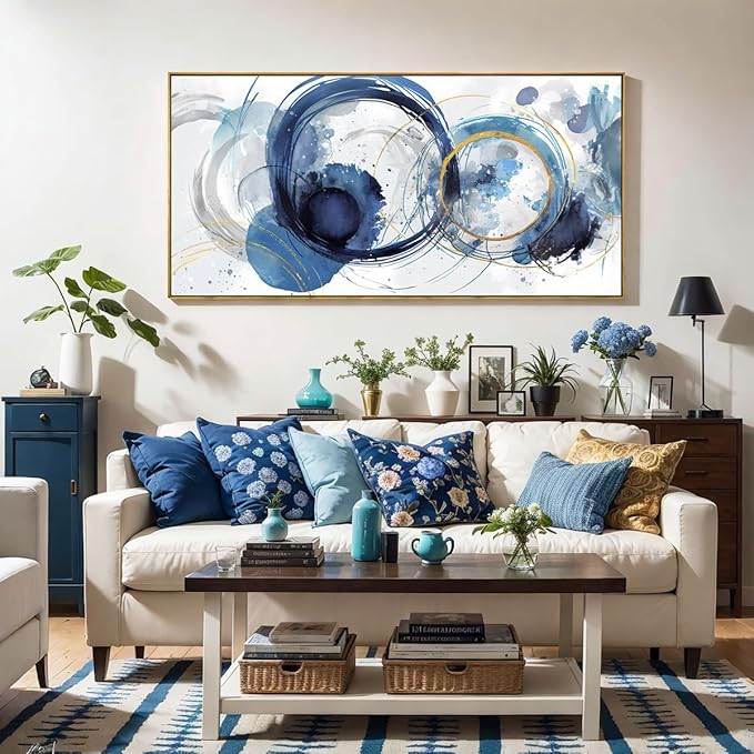 Wall Art Abstract Art Paintings Blue Fantasy Colorful Graffiti on White Background Modern Artwork wall Decor for Living Room Bedroom Kitchen 24"x48" with Framed