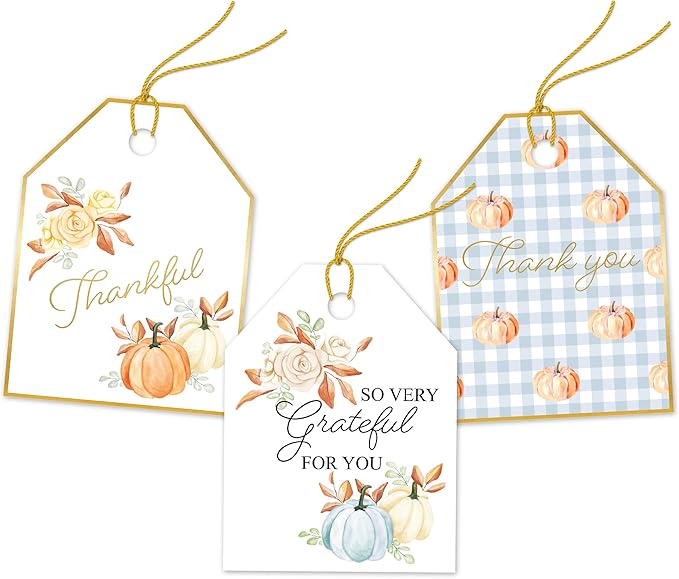 Pro Supply Global 24 Count of 2.5 Inch x 3 Inch Pre Strung Thankful Fall Pumpkins Gift Tag Assorted Printed Designs on Large Cardstock Gift Hang Tags - Ideal to Use on Bags