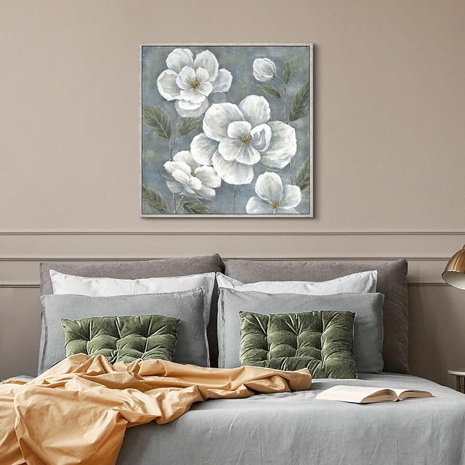 Floral Framed Canvas Wall Art - Vintage Blooming Gray Flowers Painting Abstract White Botanical Picture Modern Prints Artwork for Living Room