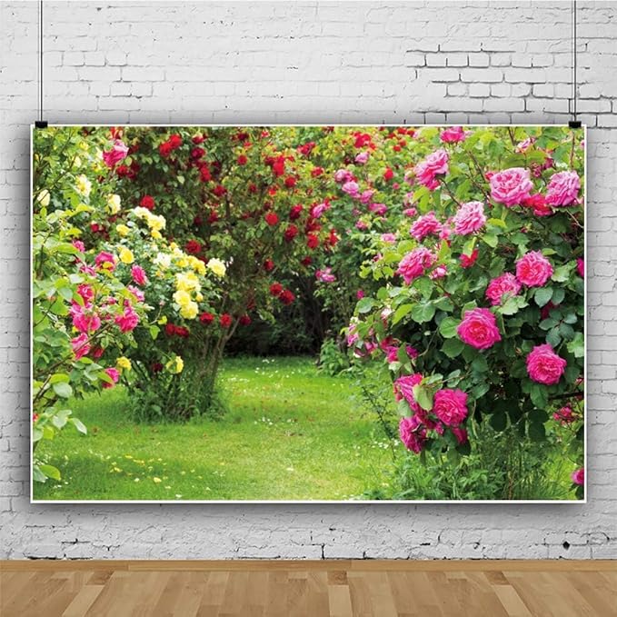 Renaiss 10x6.5ft Spring Garden Backdrop Red Pink Rose Flower Park Floral Green Leaf Grass Natural Landscape Photography Background for Wedding Bridal Shower Party Decor Photo Booth Props