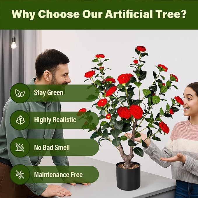 Artificial Camellia Tree,2Pack 3FT Faux Red Camellia Plants in Pots,Lifelike Artificial Flower Trees for Indoor Outdoor Home Decor,Realistic Blooming Faux Plants for Living Room Porch Patio Office