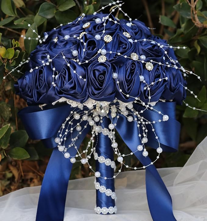 Bridal Wedding Bouquet Round Bling Brooch Bouquet Throw Toss Artificial Rose Flower Bunch for Bride Bridesmaid Wedding Quinceanera(Navy Blue, 7.5")