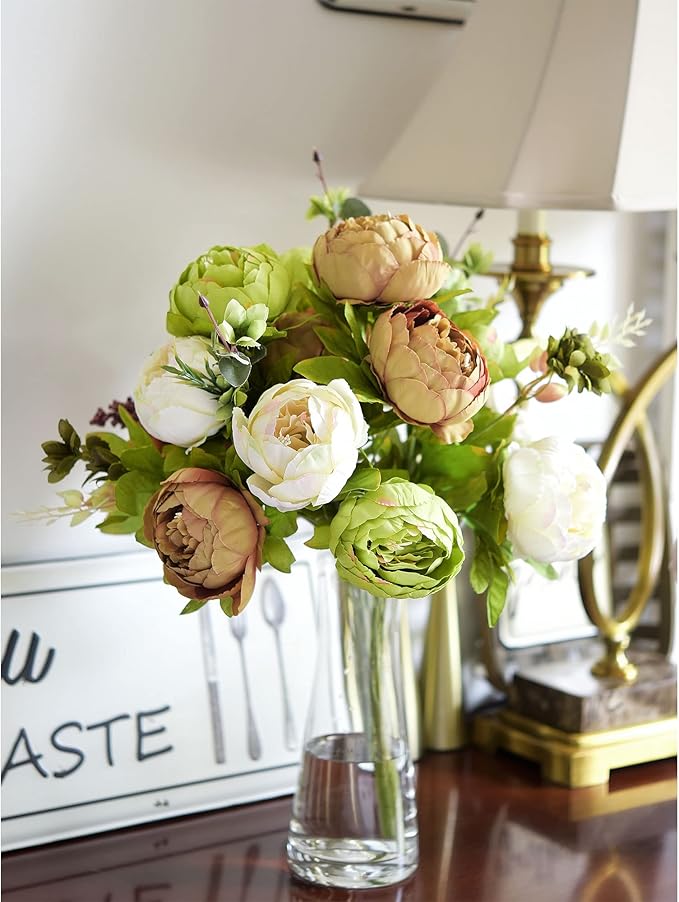 FiveSeasonStuff Vintage Artificial Peonies Silk Peony Flowers and Hydrangeas for Wedding Bridal Home Décor – Beautiful Floral Centerpiece Arrangement 2 Bouquets (Country Rustic Brown Beige Green Mix)