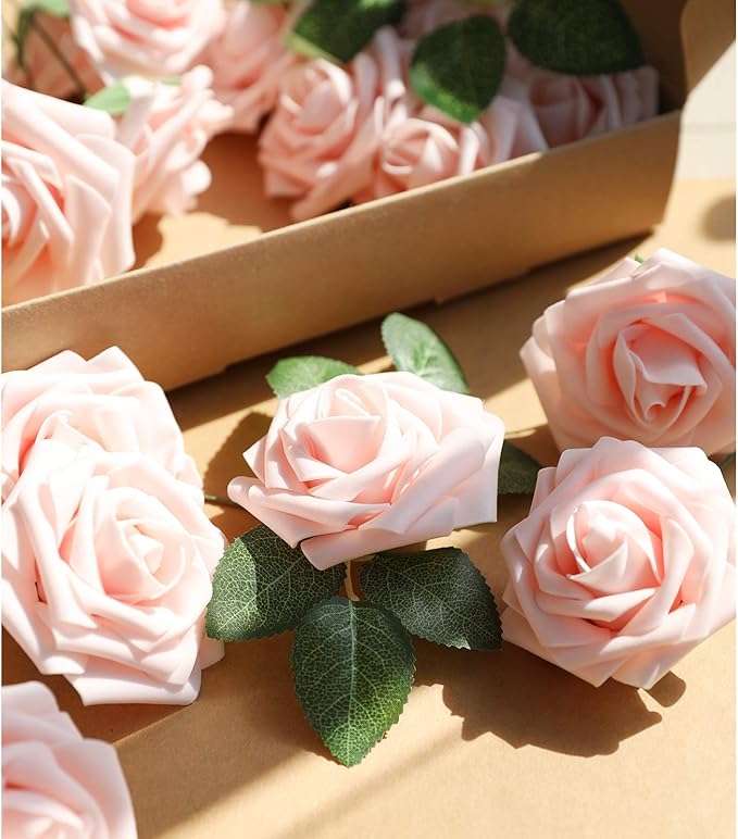 AmyHomie Artificial Flower Blush Pink Rose 50pcs Real Looking Fake Roses w/Stem for DIY Wedding Bouquets Centerpieces Arrangements Party Baby Shower Valentines Day Christmas Tree Decorations