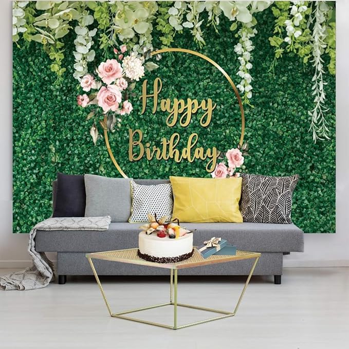 6x4ft Happy Birthday Backdrop Green Grass Flowers Wall Greenery Green Leaves Nature Botanical Photography Background Birthday Party Anniversary Portrait Studio Photo Props Polyester