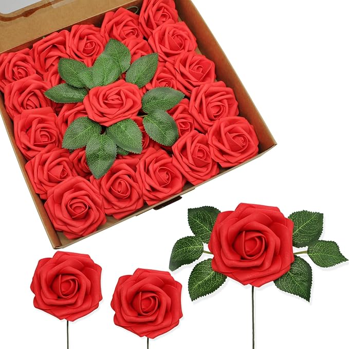 JOYLEX Artificial Flowers Realistic Roses, Real Looking Fake Roses with Stem for DIY Wedding Bouquets Centerpieces Bridal Shower Party Home Romantic Decorations (Red, Regular 3" - 200pcs)